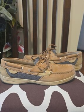 Women's Tan and Navy Blue Casual Boat Loafers